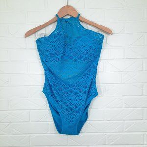 New! Freya Turquoise Blue Sundance Crochet One Piece Monokini Swimsuit 32H